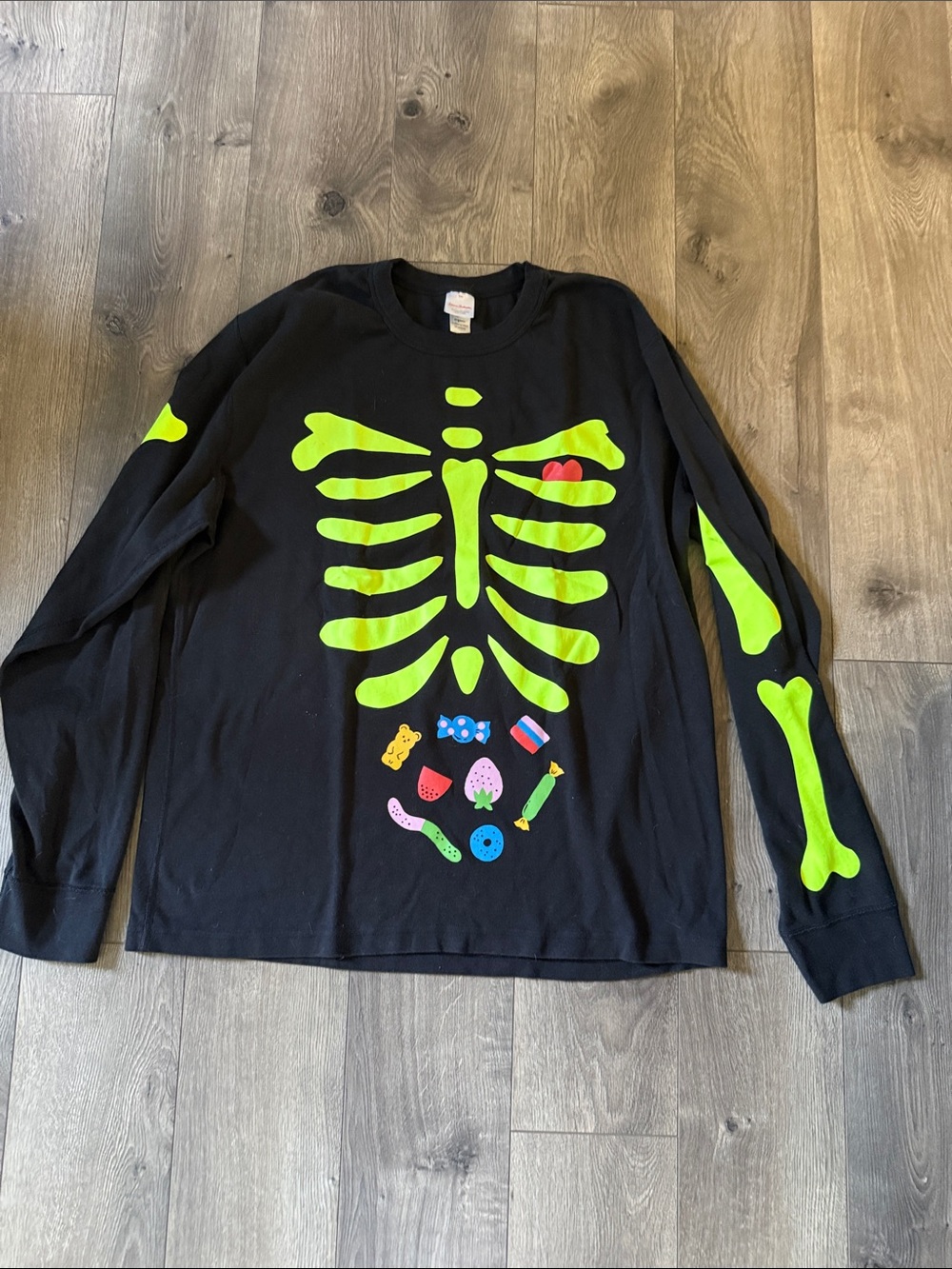 Black men’s Long-Sleeve Glow Skeleton Top with Neon Green Bones